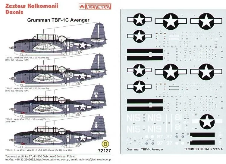 Techmod 1/72 Grumman TBF-1C Avenger (4) N15 # 72127 3 Techmod 1/72 Grumman TBF-1C Avenger (4) N15 # 72127