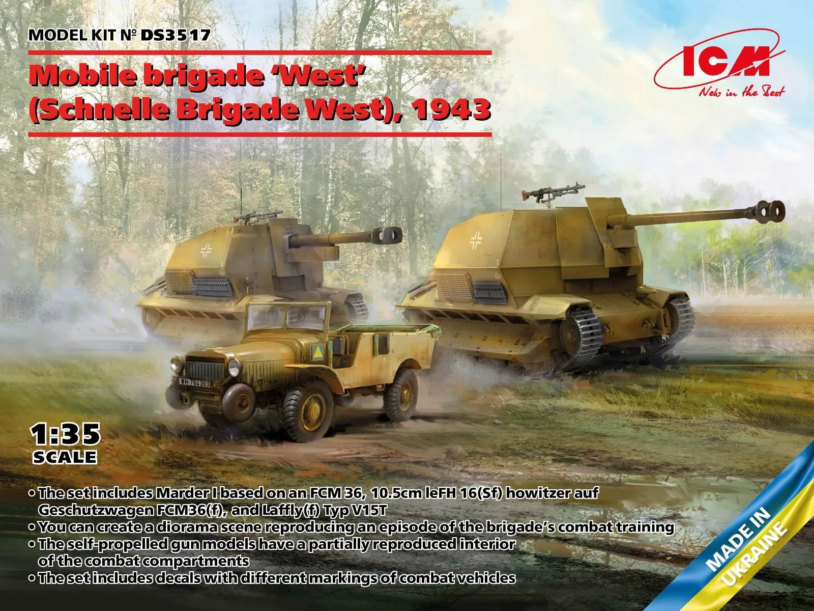 ICM 1/35 Mobile Brigade 'West' (Schnelle Brigade West), 1943 (Marder I, 10.5cm LeFH 16(Sf) Auf Geschutzwagen FCM36(f), Laffly V15T) Diorama Set # DS3517 3 ICM 1/35 Mobile Brigade 'West' (Schnelle Brigade West), 1943 (Marder I, 10.5cm LeFH 16(Sf) Auf Geschutzwagen FCM36(f), Laffly V15T) Diorama Set # DS3517