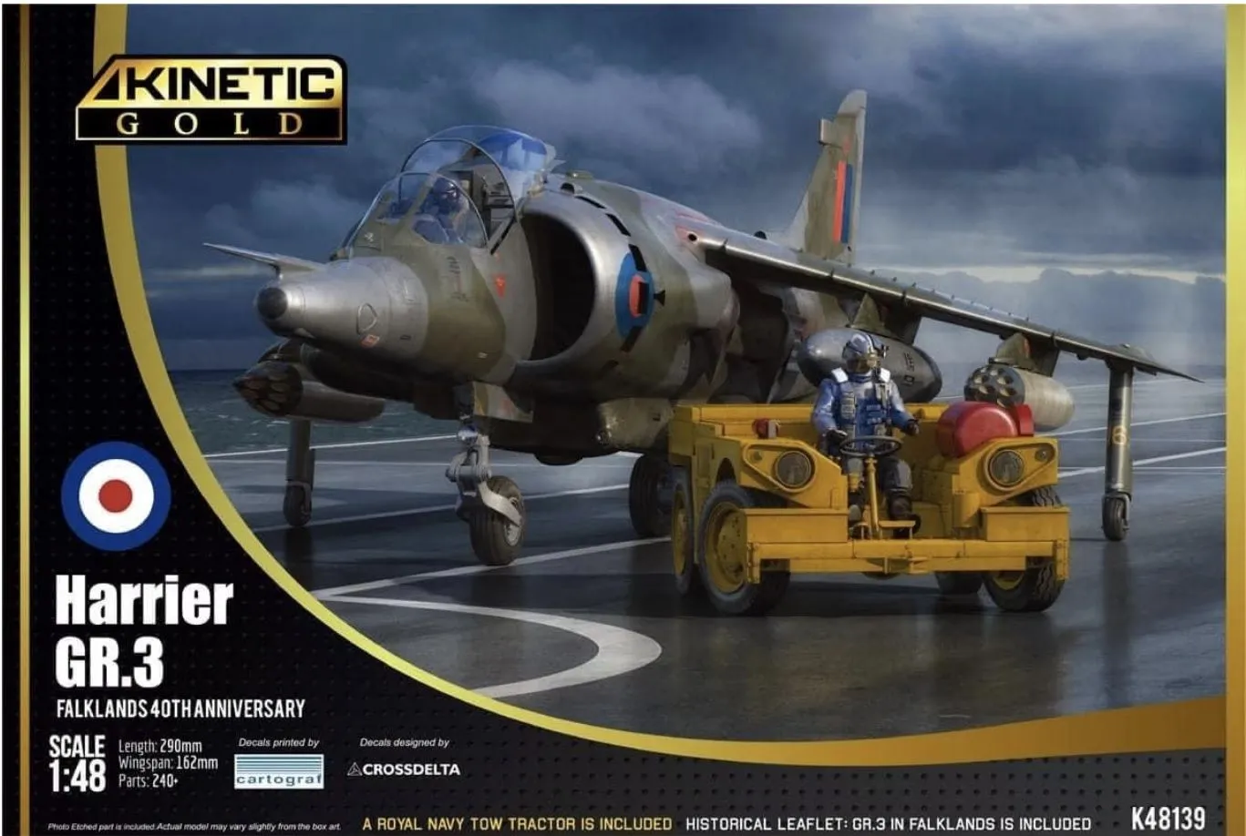 Kinetic Model Kits 1/48 Bae Harrier GR.3 Falklands 40th Anniversary With Tow Tractor # 48139 3 Kinetic Model Kits 1/48 Bae Harrier GR.3 Falklands 40th Anniversary With Tow Tractor # 48139